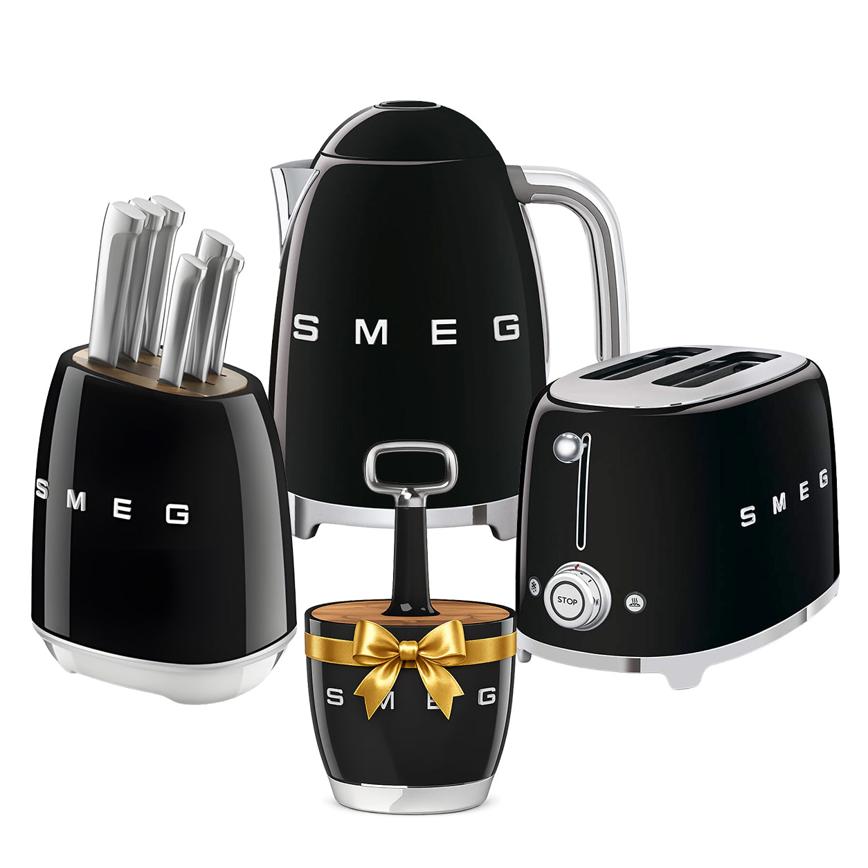 Smeg Bundle 2 ( Kettle + Toaster+ Knife set  ) + Caddy FREE