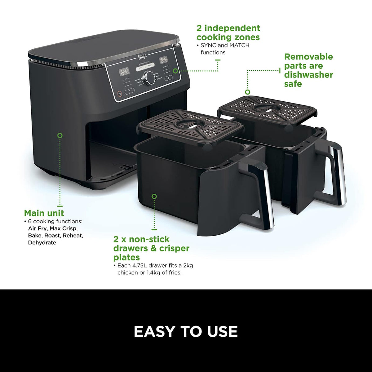 Ninja Foodi MAX Dual Zone Digital Air Fryer 2 Drawers 9.5L AF400
